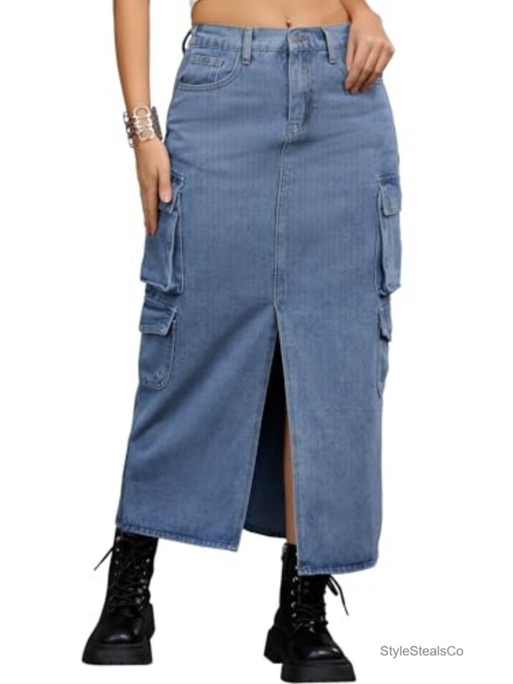 Women's Cargo Maxi Denim Skirt with Slit High Waisted